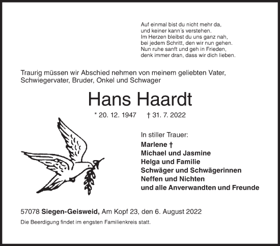 Traueranzeige von Hans Haardt von Siegener Zeitung