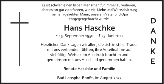 Traueranzeige von Hans Haschke von Siegener Zeitung