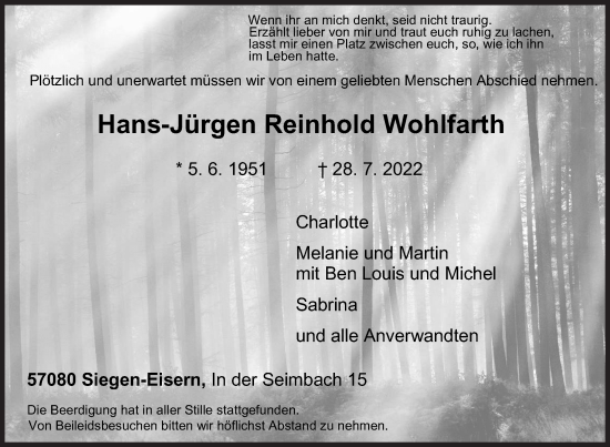 Traueranzeige von Hans-Jürgen Reinhold Wohlfarth von Siegener Zeitung