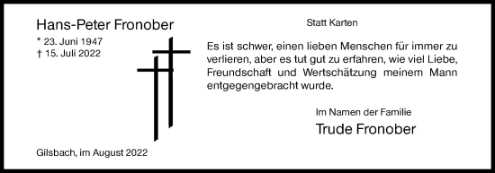 Traueranzeige von Hans-Peter Fronober von Siegener Zeitung