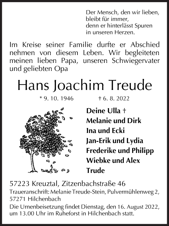 Traueranzeige von Hans Joachim Treude von Siegener Zeitung