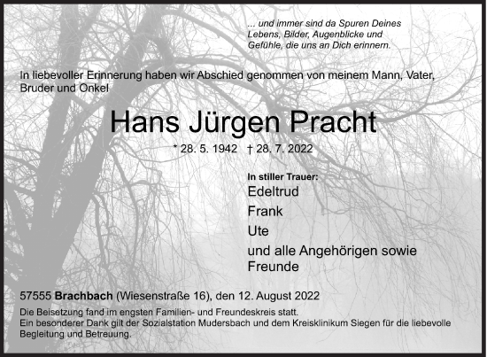 Traueranzeige von Hans Jürgen Pracht von Siegener Zeitung