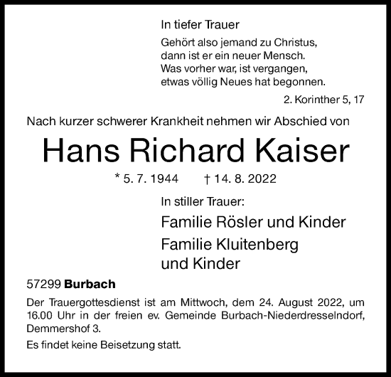Traueranzeige von Hans Richard Kaiser von Siegener Zeitung