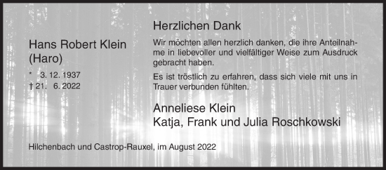 Traueranzeige von Hans Robert Klein von Siegener Zeitung