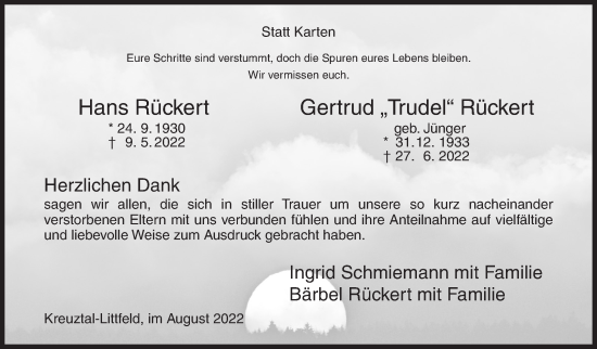 Traueranzeige von Hans und Gertrud Rückert von Siegener Zeitung