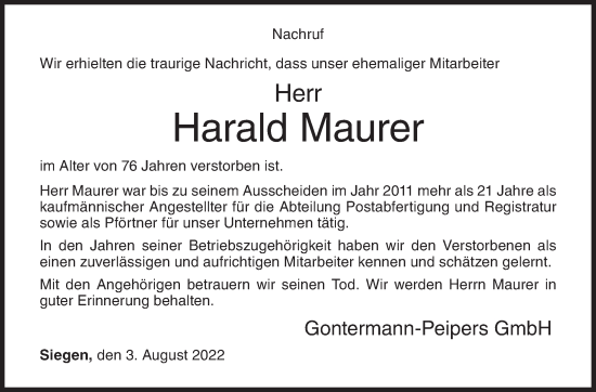 Traueranzeige von Harald Maurer von Siegener Zeitung