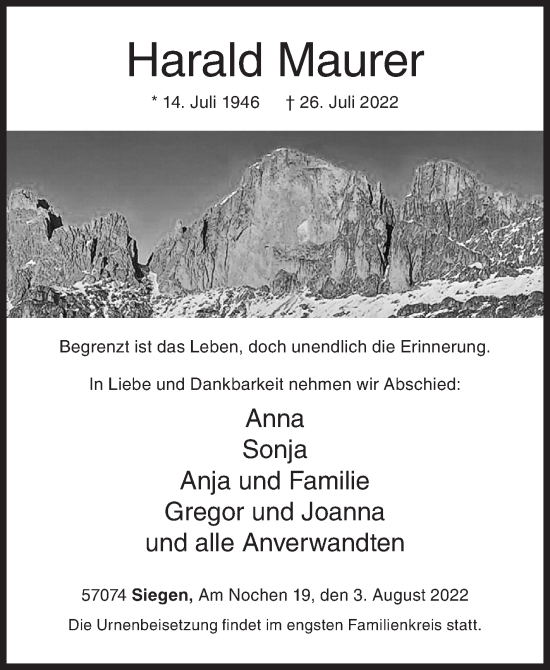Traueranzeige von Harald Maurer von Siegener Zeitung