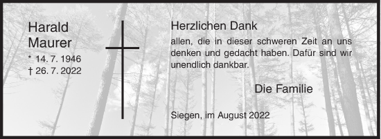 Traueranzeige von Harald Maurer von Siegener Zeitung