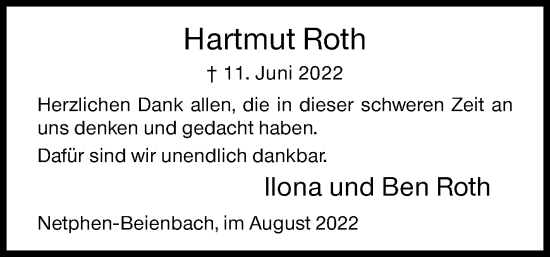 Traueranzeige von Hartmut Roth von Siegener Zeitung
