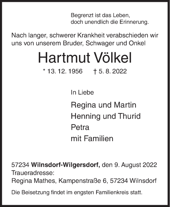 Traueranzeige von Hartmut Völkel von Siegener Zeitung