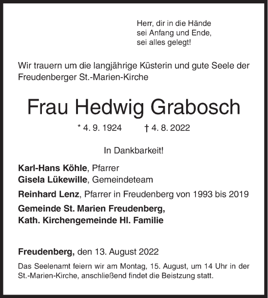 Traueranzeige von Hedwig Grabosch von Siegener Zeitung