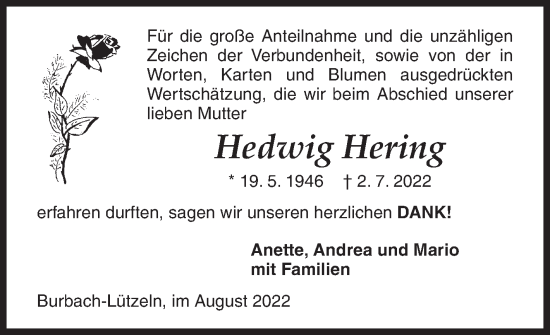 Traueranzeige von Hedwig Hering von Siegener Zeitung