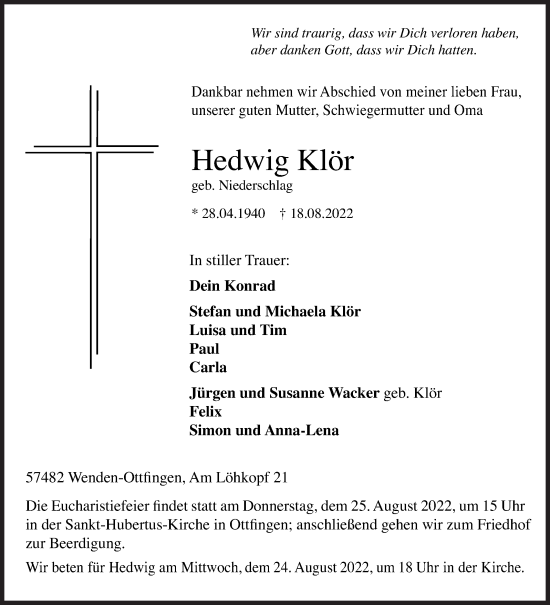 Traueranzeige von Hedwig Klör von Siegener Zeitung