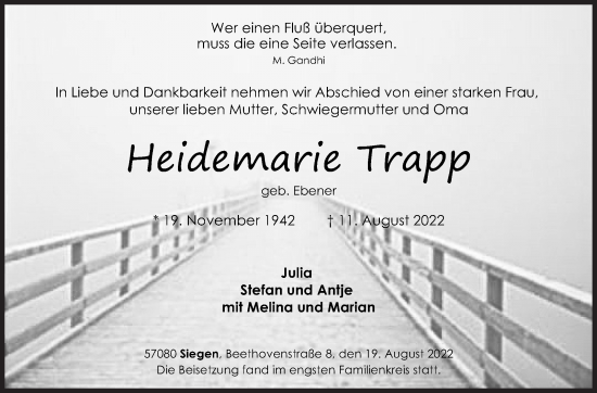 Traueranzeige von Heidemarie Trapp von Siegener Zeitung