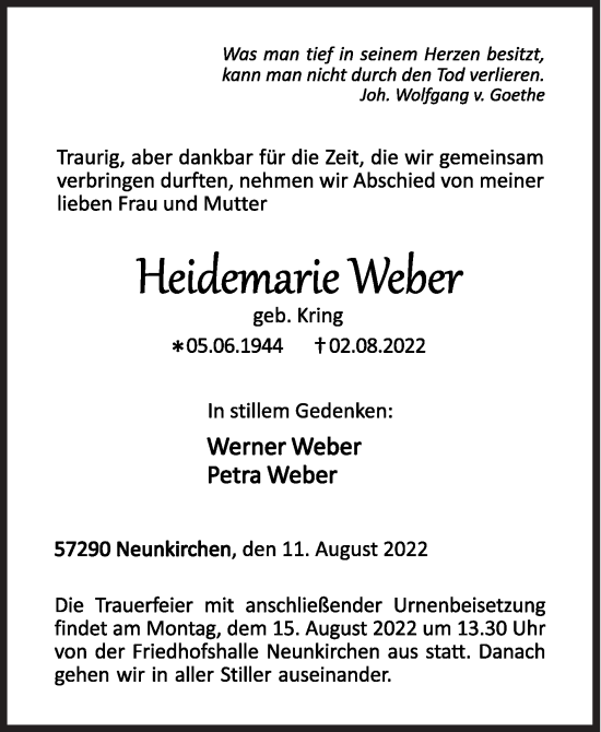 Traueranzeige von Heidemarie Weber von Siegener Zeitung
