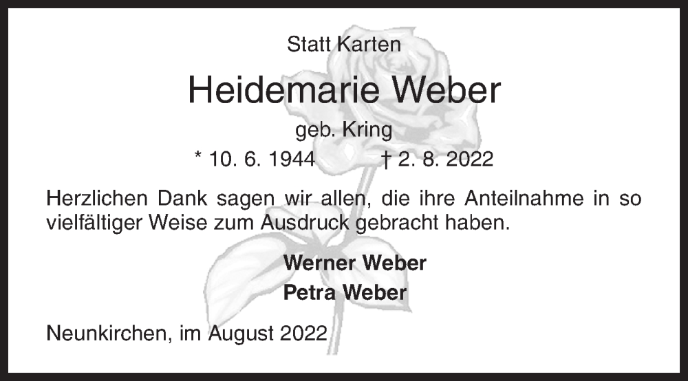  Traueranzeige für Heidemarie Weber vom 20.08.2022 aus Siegener Zeitung