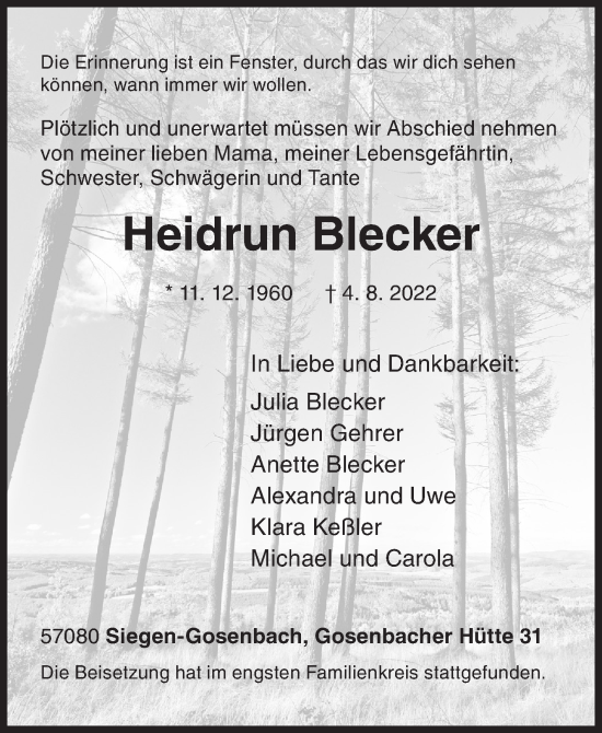 Traueranzeige von Heidrun Blecker von Siegener Zeitung