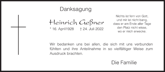 Traueranzeige von Heinrich Geßner von Siegener Zeitung