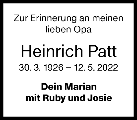 Traueranzeige von Heinrich Patt von Siegener Zeitung