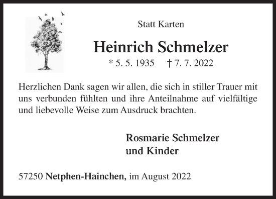 Traueranzeige von Heinrich Schmelzer von Siegener Zeitung