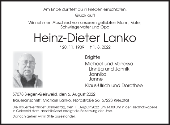 Traueranzeige von Heinz-Dieter Lanko von Siegener Zeitung