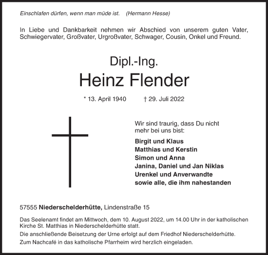 Traueranzeige von Heinz Flender von Siegener Zeitung