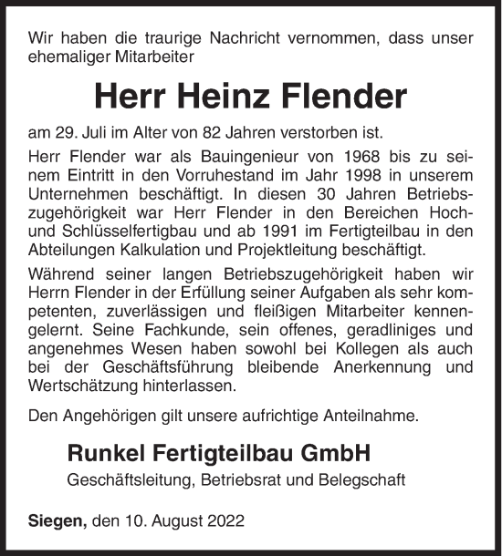 Traueranzeige von Heinz Flender von Siegener Zeitung