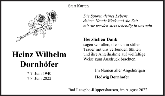 Traueranzeige von Heinz Wilhelm Dornhöfer von Siegener Zeitung