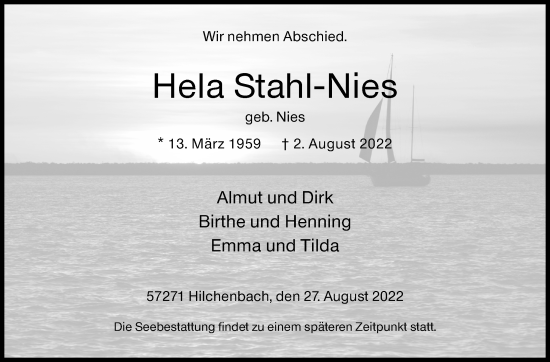 Traueranzeige von Hela Stahl-Nies von Siegener Zeitung
