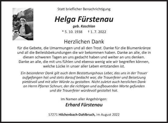 Traueranzeige von Helga Fürstenau von Siegener Zeitung