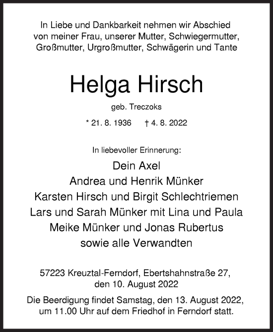 Traueranzeige von Helga Hirsch von Siegener Zeitung