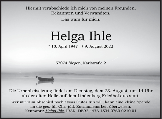 Traueranzeige von Helga Ihle von Siegener Zeitung