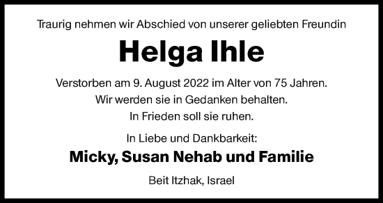 Traueranzeige von Helga Ihle von Siegener Zeitung