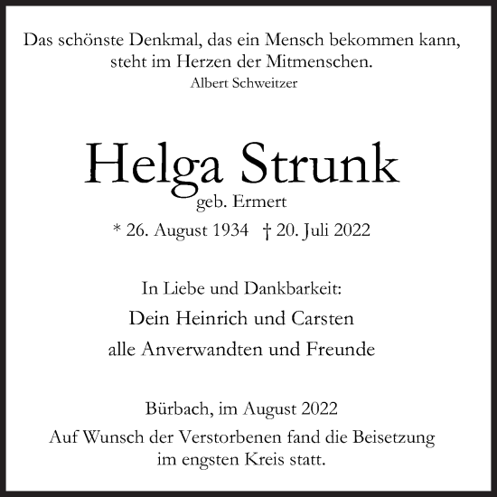 Traueranzeige von Helga Strunk von Siegener Zeitung
