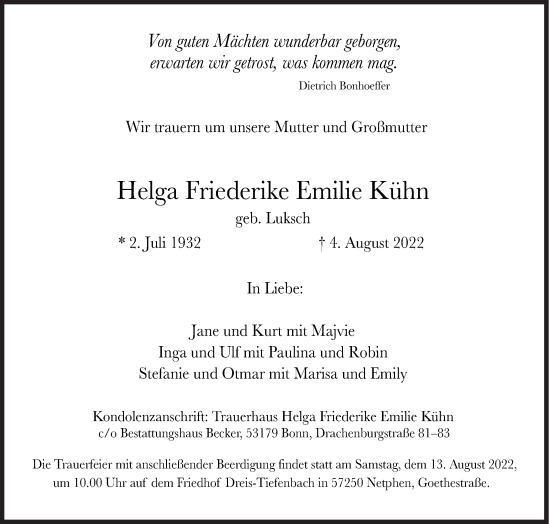 Traueranzeige von Helga Friederike Emilie Kühn von Siegener Zeitung