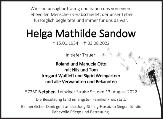 Traueranzeige von Helga Mathilde Sandow von Siegener Zeitung