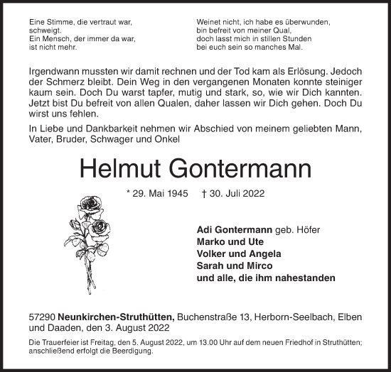 Traueranzeige von Helmut Gontermann von Siegener Zeitung
