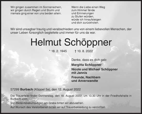 Traueranzeige von Helmut Schöppner von Siegener Zeitung