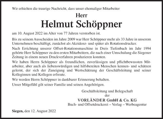Traueranzeige von Helmut Schöppner von Siegener Zeitung