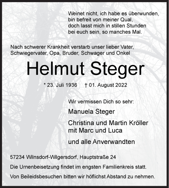 Traueranzeige von Helmut Steger von Siegener Zeitung