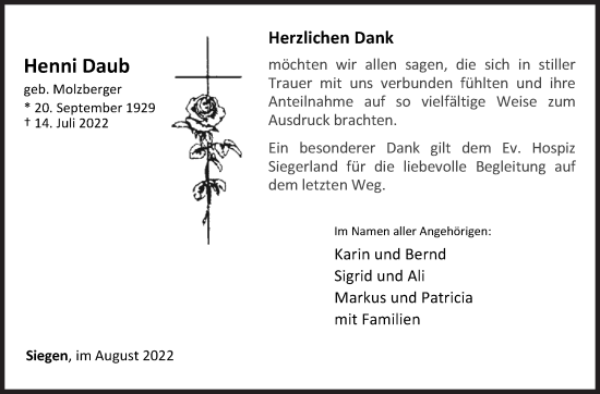 Traueranzeige von Henni Daub von Siegener Zeitung