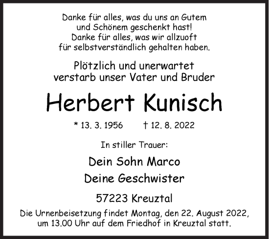 Traueranzeige von Herbert Kunisch von Siegener Zeitung