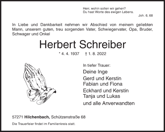 Traueranzeige von Herbert Schreiber von Siegener Zeitung