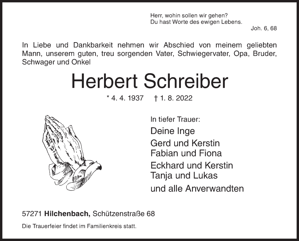  Traueranzeige für Herbert Schreiber vom 03.08.2022 aus Siegener Zeitung