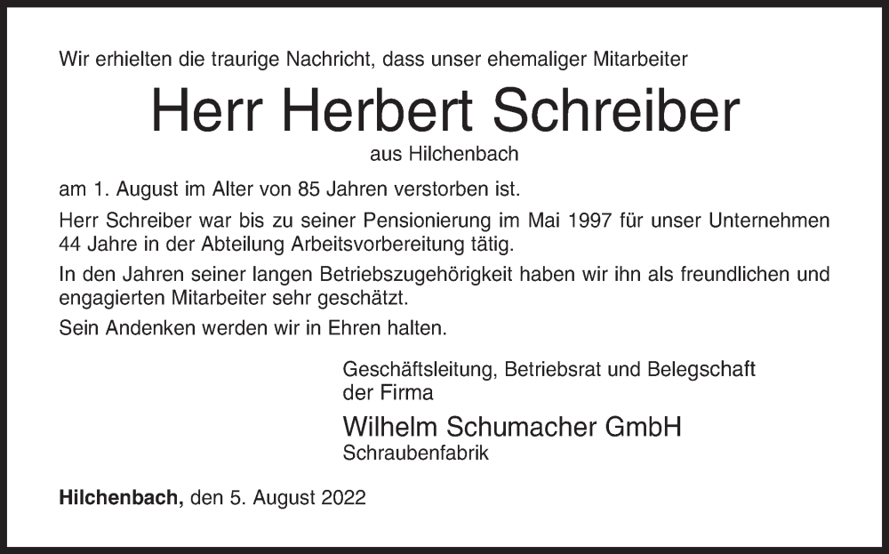  Traueranzeige für Herbert Schreiber vom 05.08.2022 aus Siegener Zeitung