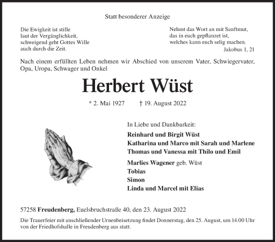 Traueranzeige von Herbert Wüst von Siegener Zeitung
