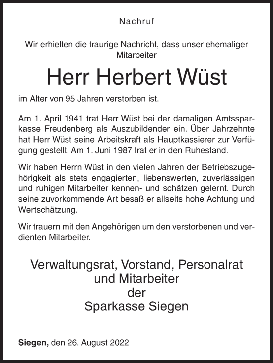 Traueranzeige von Herbert Wüst von Siegener Zeitung