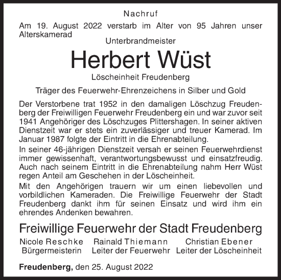 Traueranzeige von Herbert Wüst von Siegener Zeitung