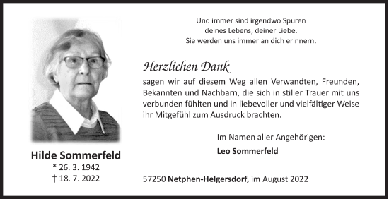 Traueranzeige von Hilde Sommerfeld von Siegener Zeitung
