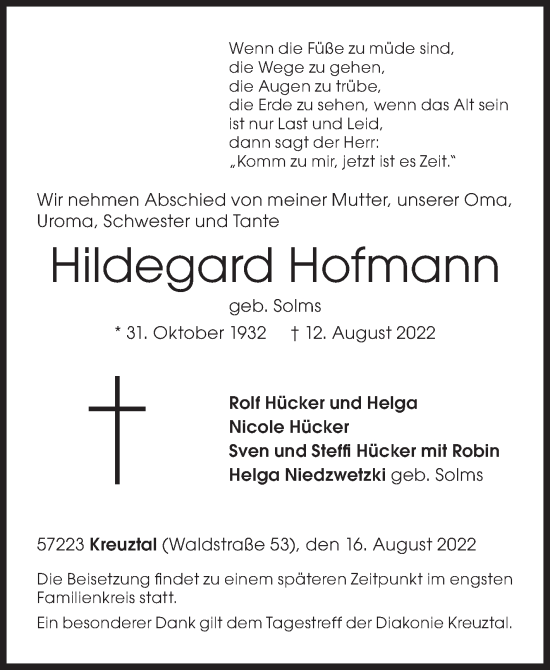 Traueranzeige von Hildegard Hofmann von Siegener Zeitung